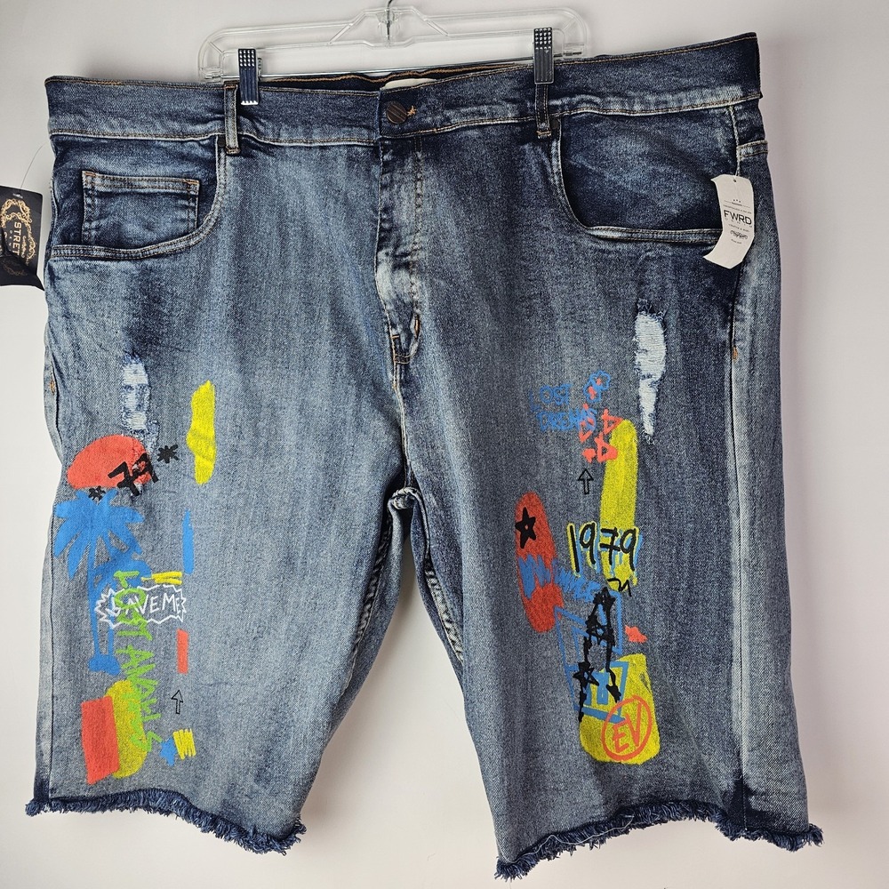 FWRD Denim Mens Denim Shorts 48 Distressed Streetwear Graffiti Blue Y2K Colorful
